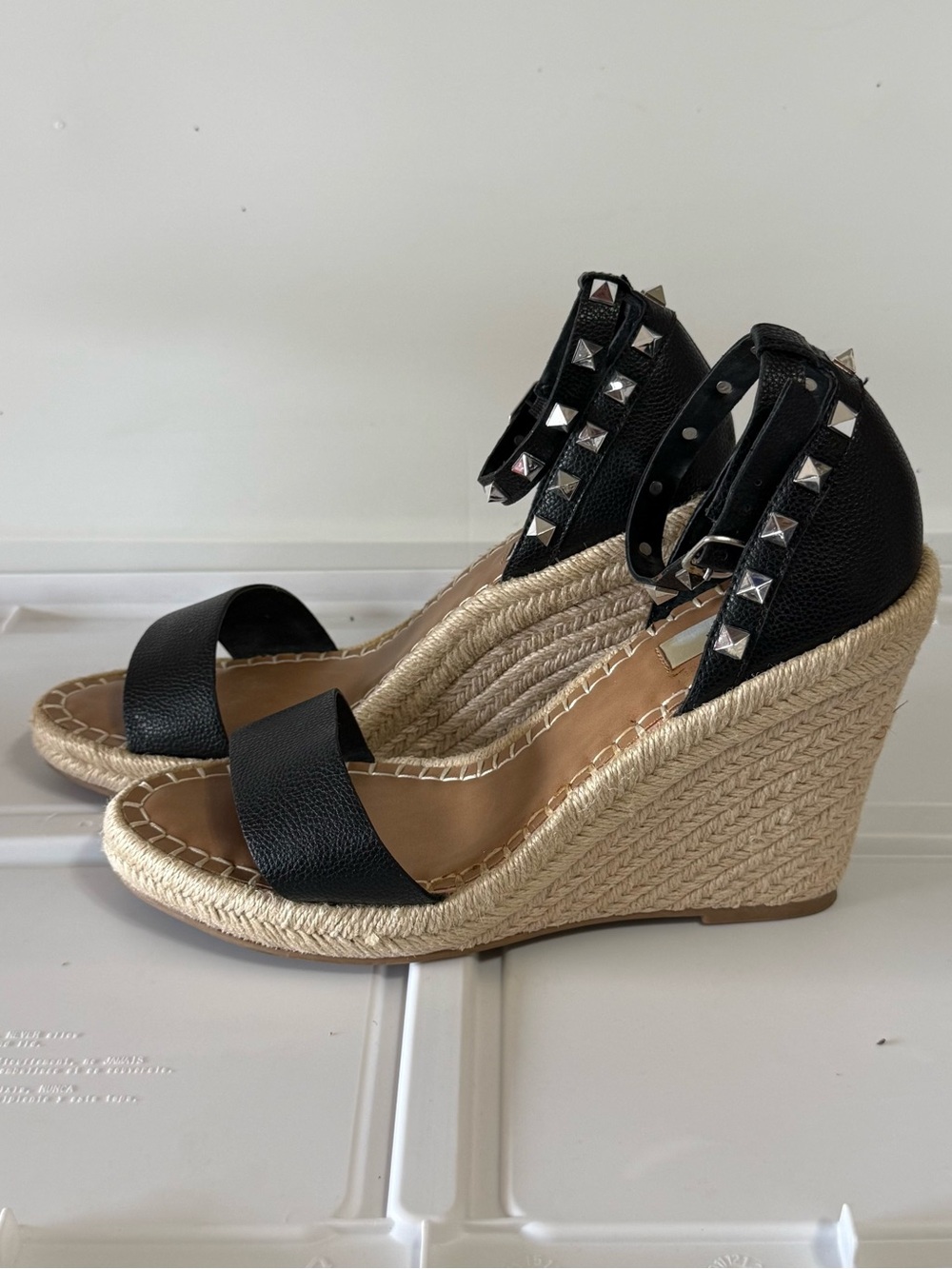 Black Studded Espadrille Wedge Sandals with Ankle Strap